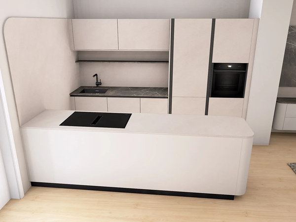 3D-Visualisierung einer weißen Küche mit Kücheninsel