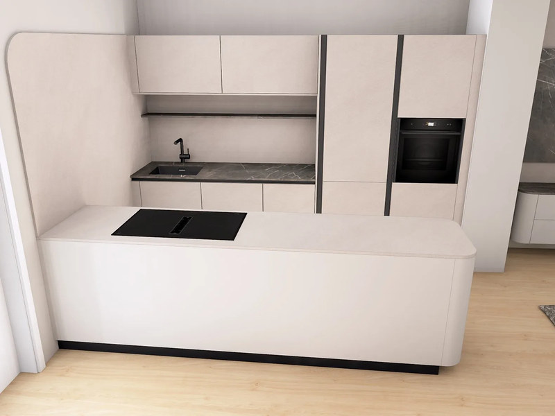 3D-Visualisierung einer weißen Küche mit Kücheninsel – Küchenplanung von Moe’s Küchenstudio Villach