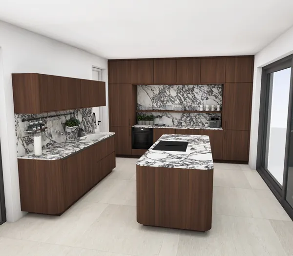 3D-Planung: Nussbaum-Fronten mit Marmor-Look und Kochinsel – Ansicht 1 (Visualisierung, Moe’s Küchenstudio Villach)