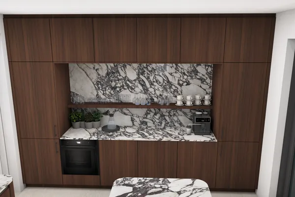 3D-Planung: Nussbaum-Fronten mit Marmor-Look und Kochinsel – Ansicht 3 (Visualisierung, Moe’s Küchenstudio Villach)