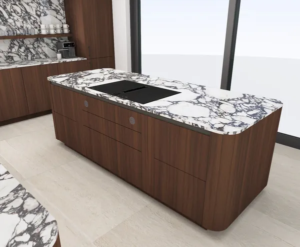 3D-Planung: Nussbaum-Fronten mit Marmor-Look und Kochinsel – Ansicht 5 (Visualisierung, Moe’s Küchenstudio Villach)