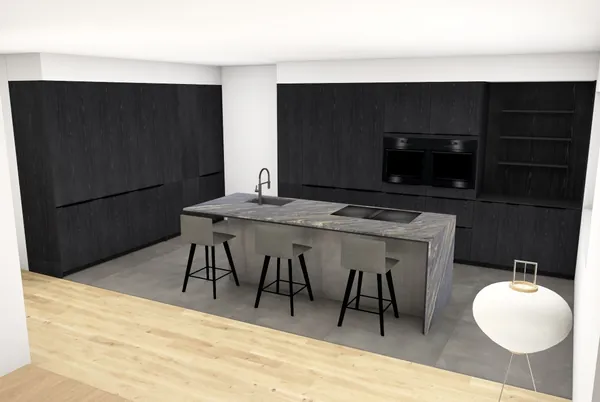 3D-Planung: Schwarze Holzstruktur-Fronten, Kochinsel mit Marmor-Wange – Ansicht 1 (Visualisierung, Moe’s Küchenstudio Villach)