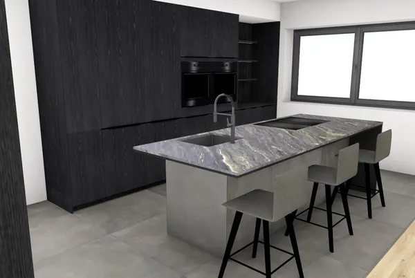 3D-Planung: Schwarze Holzstruktur-Fronten, Kochinsel mit Marmor-Wange – Ansicht 2 (Visualisierung, Moe’s Küchenstudio Villach)