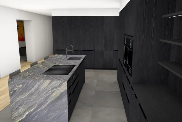 3D-Planung: Schwarze Holzstruktur-Fronten, Kochinsel mit Marmor-Wange – Ansicht 3 (Visualisierung, Moe’s Küchenstudio Villach)