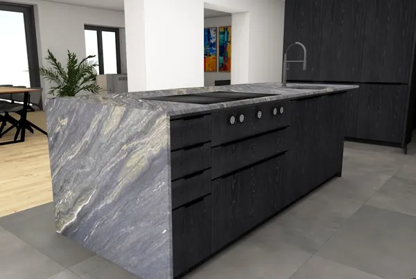 3D-Planung: Schwarze Holzstruktur-Fronten, Kochinsel mit Marmor-Wange – Ansicht 4 (Visualisierung, Moe’s Küchenstudio Villach)