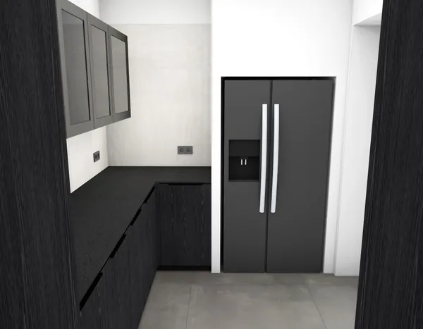 3D-Planung: Schwarze Holzstruktur-Fronten, Kochinsel mit Marmor-Wange – Ansicht 5 (Visualisierung, Moe’s Küchenstudio Villach)