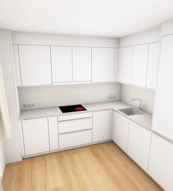 3D-Planung: Weiße grifflose U-Küche mit Arbeitsplatte in Steinoptik – Ansicht 2 (Visualisierung, Moe’s Küchenstudio Villach)