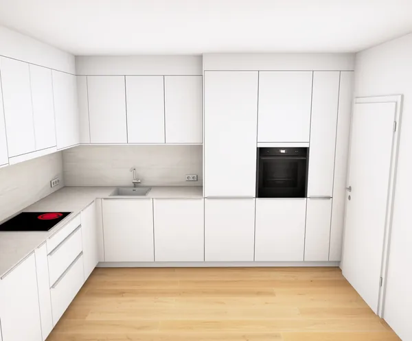3D-Planung: Weiße grifflose U-Küche mit Arbeitsplatte in Steinoptik – Ansicht 3 (Visualisierung, Moe’s Küchenstudio Villach)