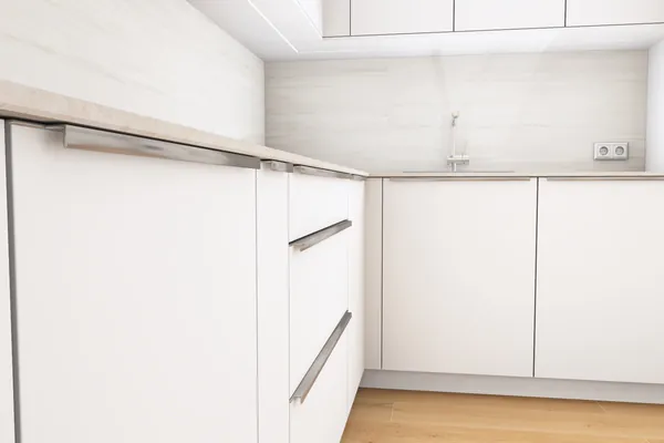 3D-Planung: Weiße grifflose U-Küche mit Arbeitsplatte in Steinoptik – Ansicht 4 (Visualisierung, Moe’s Küchenstudio Villach)