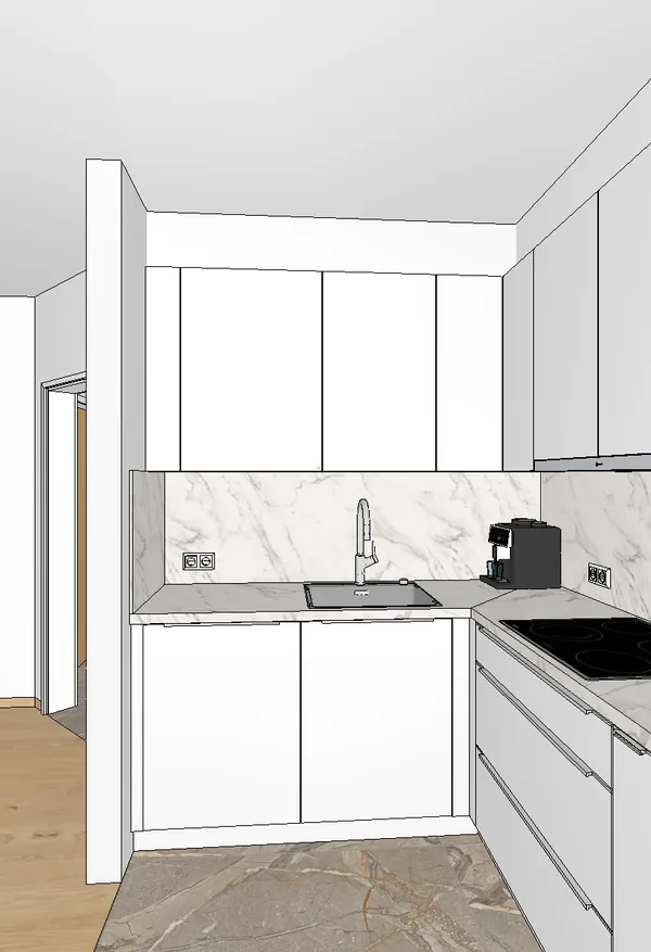 3D-Planung: Weiße moderne Küchenzeile – Ansicht 1 (Visualisierung, Moe’s Küchenstudio Villach)