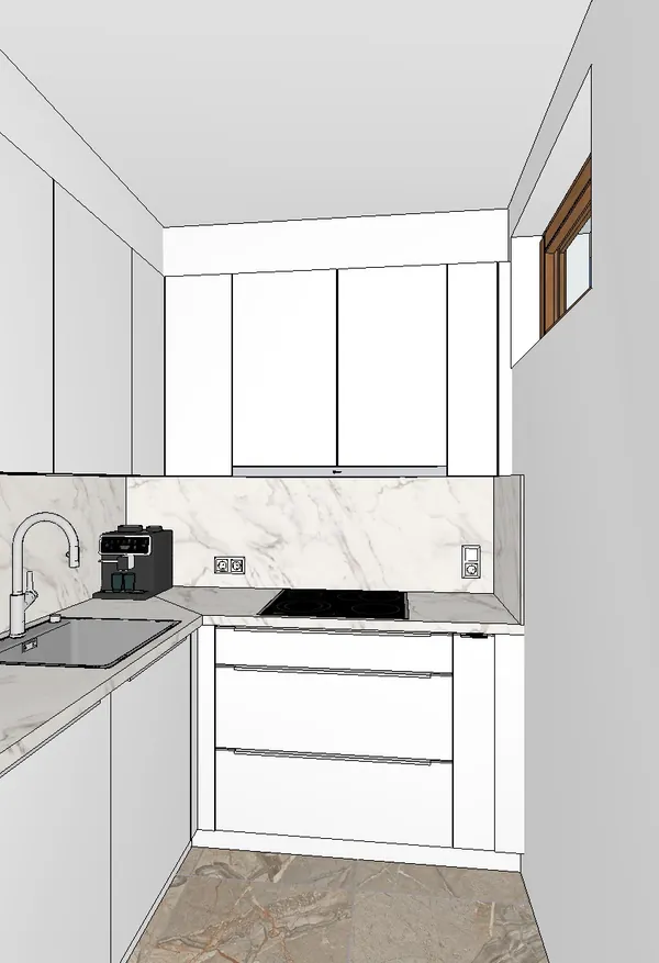 3D-Planung: Weiße moderne Küchenzeile – Ansicht 2 (Visualisierung, Moe’s Küchenstudio Villach)