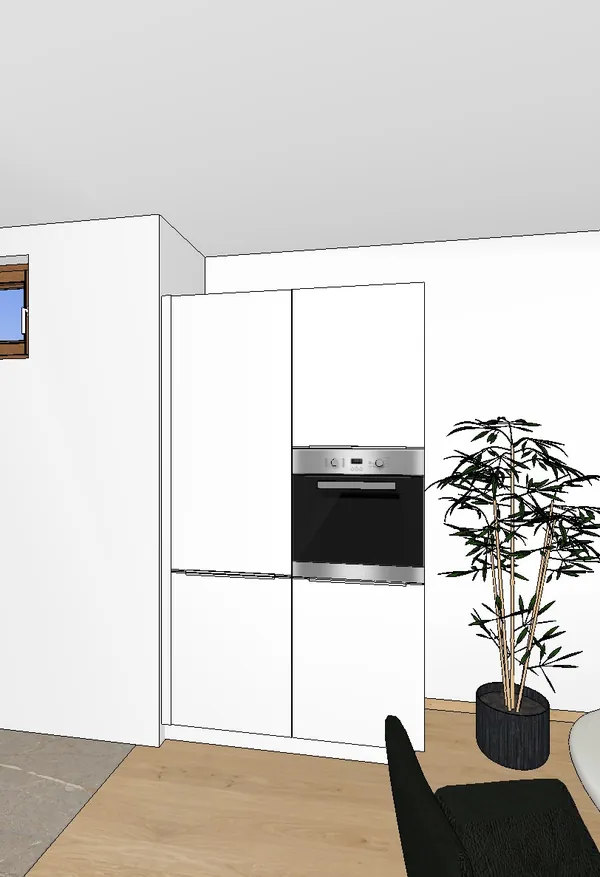 3D-Planung: Weiße moderne Küchenzeile – Ansicht 3 (Visualisierung, Moe’s Küchenstudio Villach)