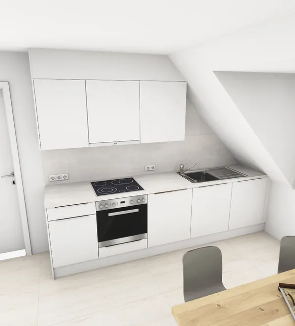 3D-Planung: Weiße Küche unter der Dachschräge – Ansicht 1 (Visualisierung, Moe’s Küchenstudio Villach)