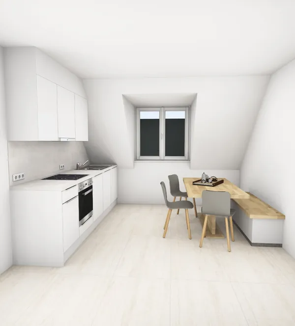 3D-Planung: Weiße Küche unter der Dachschräge – Ansicht 2 (Visualisierung, Moe’s Küchenstudio Villach)
