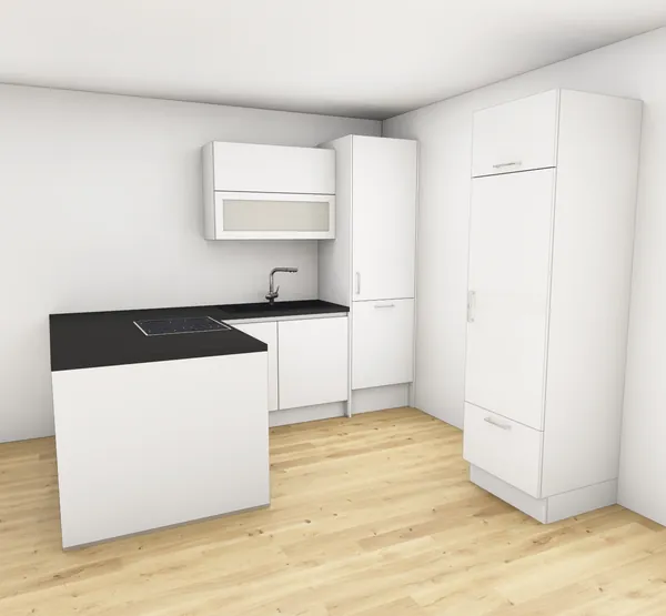 3D-Planung: Weiße Küche mit schwarzer Arbeitsplatte – Ansicht 1 (Visualisierung, Moe’s Küchenstudio Villach)