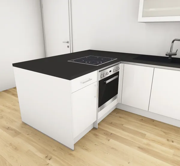 3D-Planung: Weiße Küche mit schwarzer Arbeitsplatte – Ansicht 2 (Visualisierung, Moe’s Küchenstudio Villach)