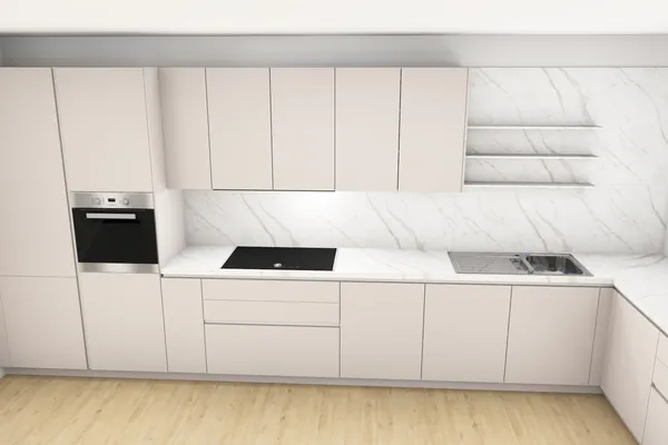 3D-Planung: Kaschmir-Fronten, Rückwand im Marmor-Look, offene Regale – Ansicht 1 (Visualisierung, Moe’s Küchenstudio Villach)