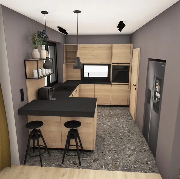 3D-Planung: Eiche-Fronten, schwarze Arbeitsplatte, Terrazzo-Boden – Ansicht 1 (Visualisierung, Moe’s Küchenstudio Villach)
