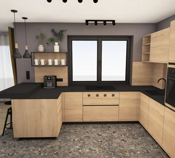 3D-Planung: Eiche-Fronten, schwarze Arbeitsplatte, Terrazzo-Boden – Ansicht 2 (Visualisierung, Moe’s Küchenstudio Villach)