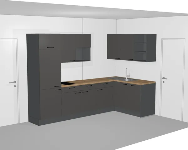 3D-Planung: Anthrazit L-Küche – Ansicht 1 (Visualisierung, Moe’s Küchenstudio Villach)