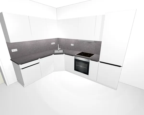 3D-Planung: Weiße L-Küche – Ansicht 1 (Visualisierung, Moe’s Küchenstudio Villach)
