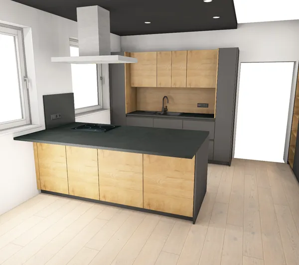 3D-Planung: Anthrazit und Eiche mit Kochinsel – Ansicht 1 (Visualisierung, Moe’s Küchenstudio Villach)