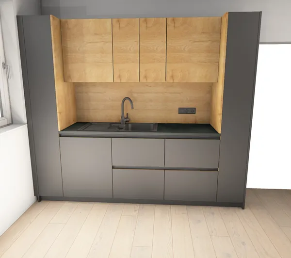 3D-Planung: Anthrazit und Eiche mit Kochinsel – Ansicht 2 (Visualisierung, Moe’s Küchenstudio Villach)