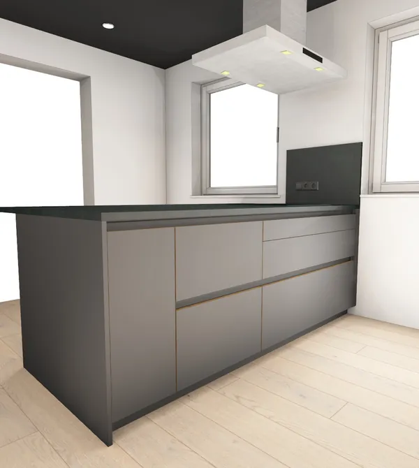 3D-Planung: Anthrazit und Eiche mit Kochinsel – Ansicht 4 (Visualisierung, Moe’s Küchenstudio Villach)