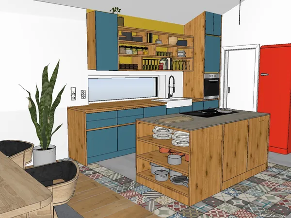 3D-Planung: Petrolblaue Fronten, Eiche und Zementfliesen – Ansicht 1 (Visualisierung, Moe’s Küchenstudio Villach)