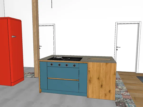 3D-Planung: Petrolblaue Fronten, Eiche und Zementfliesen – Ansicht 2 (Visualisierung, Moe’s Küchenstudio Villach)