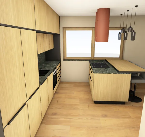 3D-Planung: Eiche, dunkelgrüner Granit und Kupfer-Hauben, Kochinsel mit Barhockern – Ansicht 1 (Visualisierung, Moe’s Küchenstudio Villach)