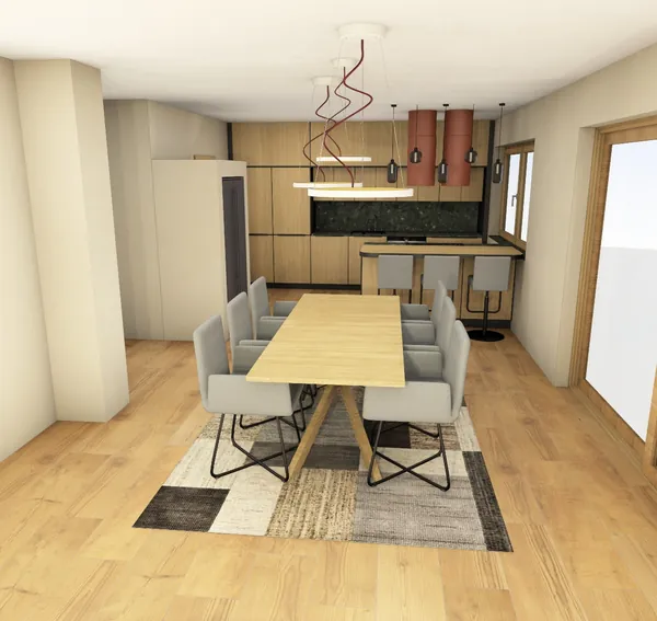 3D-Planung: Eiche, dunkelgrüner Granit und Kupfer-Hauben, Kochinsel mit Barhockern – Ansicht 3 (Visualisierung, Moe’s Küchenstudio Villach)