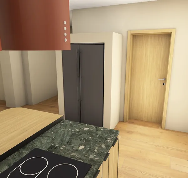 3D-Planung: Eiche, dunkelgrüner Granit und Kupfer-Hauben, Kochinsel mit Barhockern – Ansicht 4 (Visualisierung, Moe’s Küchenstudio Villach)