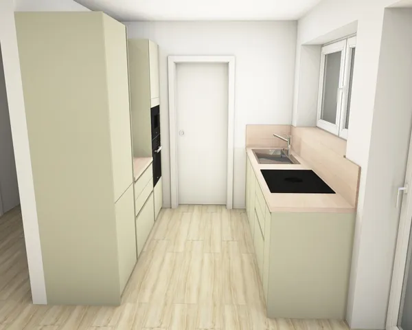 3D-Planung: Grifflose Fronten in Kaschmir und Salbei mit Holz-Arbeitsplatte – Ansicht 1 (Visualisierung, Moe’s Küchenstudio Villach)