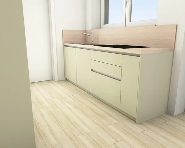 3D-Planung: Grifflose Fronten in Kaschmir und Salbei mit Holz-Arbeitsplatte – Ansicht 2 (Visualisierung, Moe’s Küchenstudio Villach)