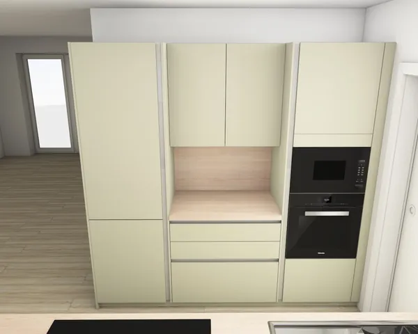 3D-Planung: Grifflose Fronten in Kaschmir und Salbei mit Holz-Arbeitsplatte – Ansicht 3 (Visualisierung, Moe’s Küchenstudio Villach)