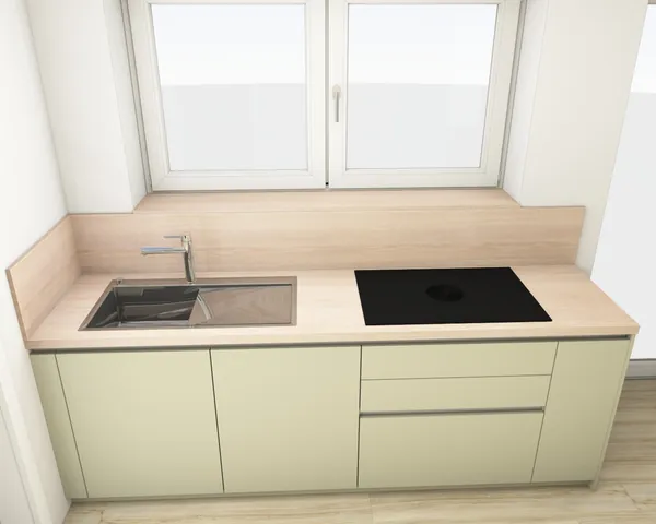 3D-Planung: Grifflose Fronten in Kaschmir und Salbei mit Holz-Arbeitsplatte – Ansicht 4 (Visualisierung, Moe’s Küchenstudio Villach)