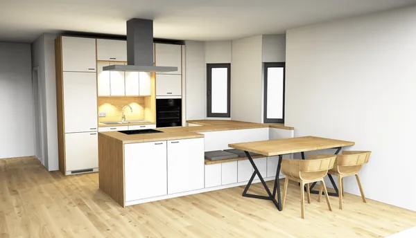 3D-Planung: Weiß und Eiche, Insel mit Esstisch – Ansicht 1 (Visualisierung, Moe’s Küchenstudio Villach)
