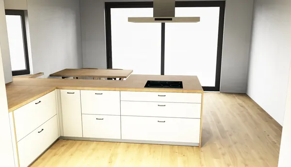 3D-Planung: Weiß und Eiche, Insel mit Esstisch – Ansicht 2 (Visualisierung, Moe’s Küchenstudio Villach)