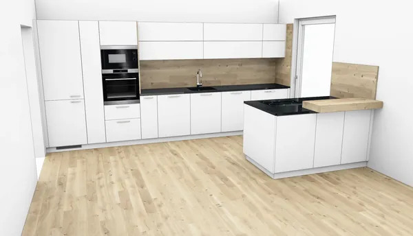 3D-Planung: Weiß, Holz-Rückwand und schwarze Arbeitsplatte – Ansicht 1 (Visualisierung, Moe’s Küchenstudio Villach)