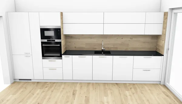 3D-Planung: Weiß, Holz-Rückwand und schwarze Arbeitsplatte – Ansicht 2 (Visualisierung, Moe’s Küchenstudio Villach)