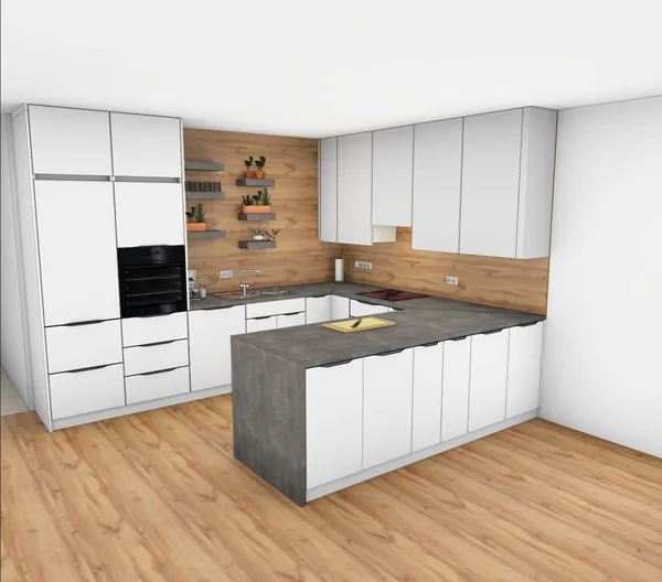 3D-Planung: Weiße U-Küche, Arbeitsplatte in Betonoptik, Holz-Rückwand mit Borden – Ansicht 1 (Visualisierung, Moe’s Küchenstudio Villach)