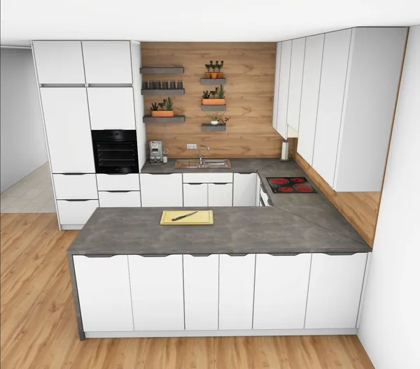 3D-Planung: Weiße U-Küche, Arbeitsplatte in Betonoptik, Holz-Rückwand mit Borden – Ansicht 2 (Visualisierung, Moe’s Küchenstudio Villach)