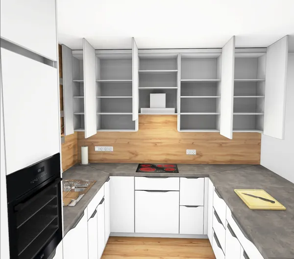 3D-Planung: Weiße U-Küche, Arbeitsplatte in Betonoptik, Holz-Rückwand mit Borden – Ansicht 3 (Visualisierung, Moe’s Küchenstudio Villach)